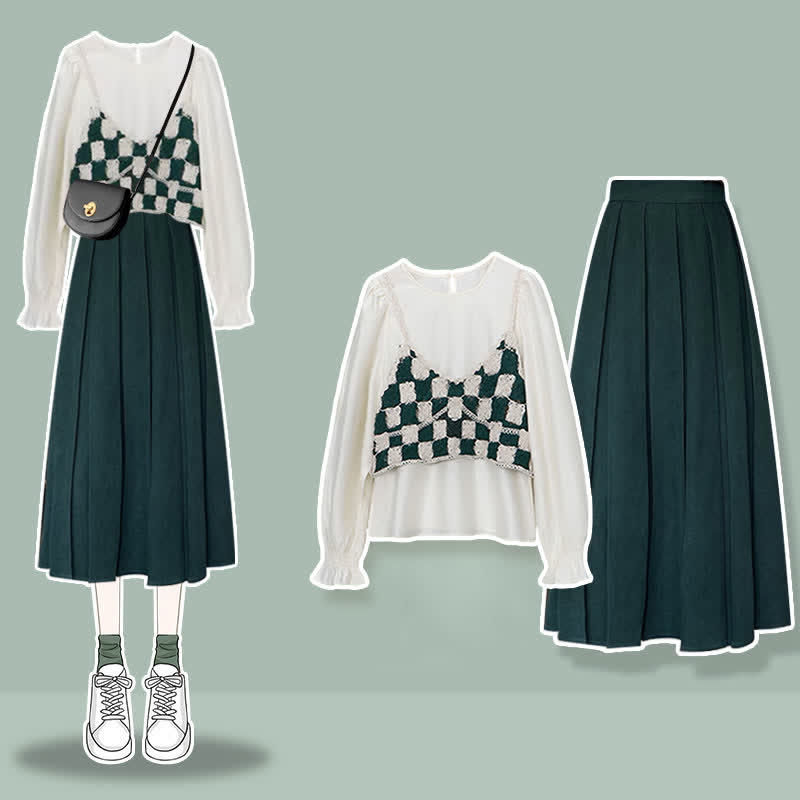 Skirt Set Plaid Chiffon Pleated Shirt Vest Green