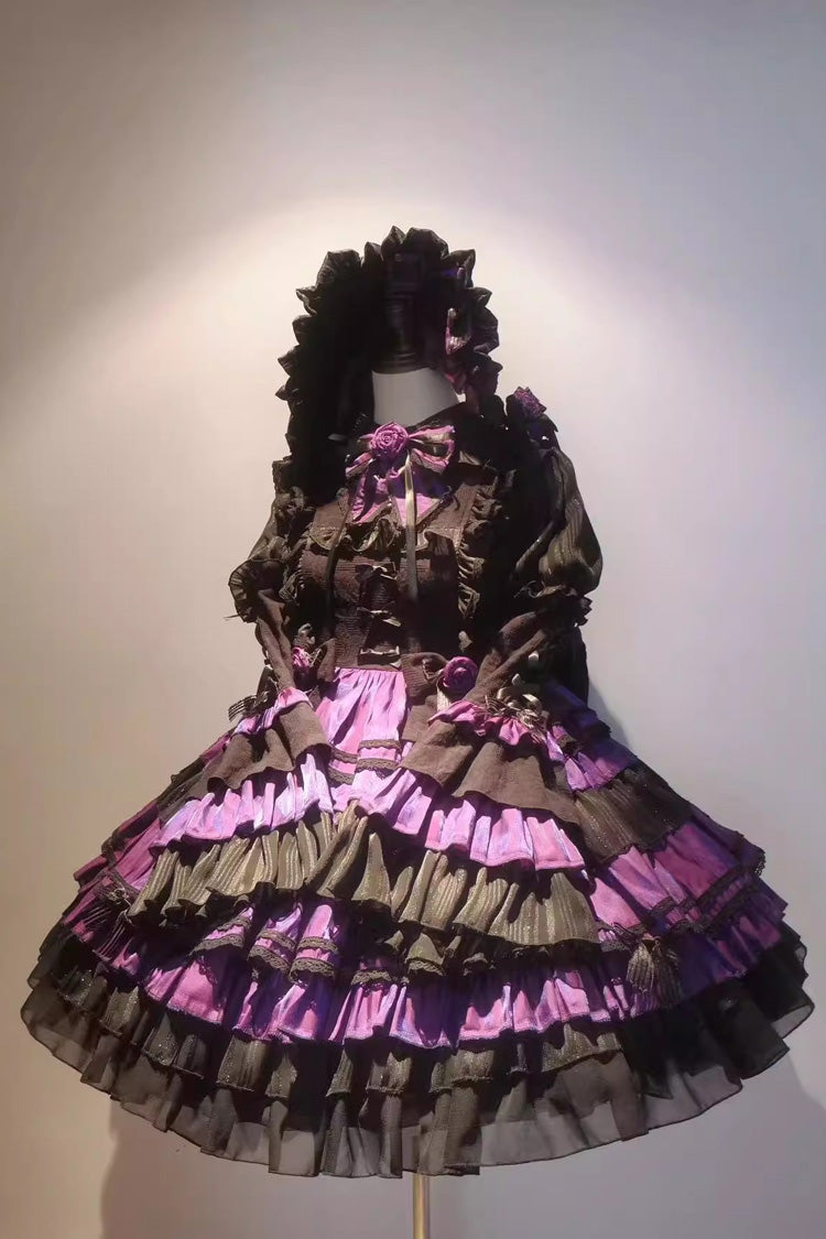 Black/Purple Gothic Lolita Trumpet-Sleeved Multi-Layered Ruffle Lace-Up Dress