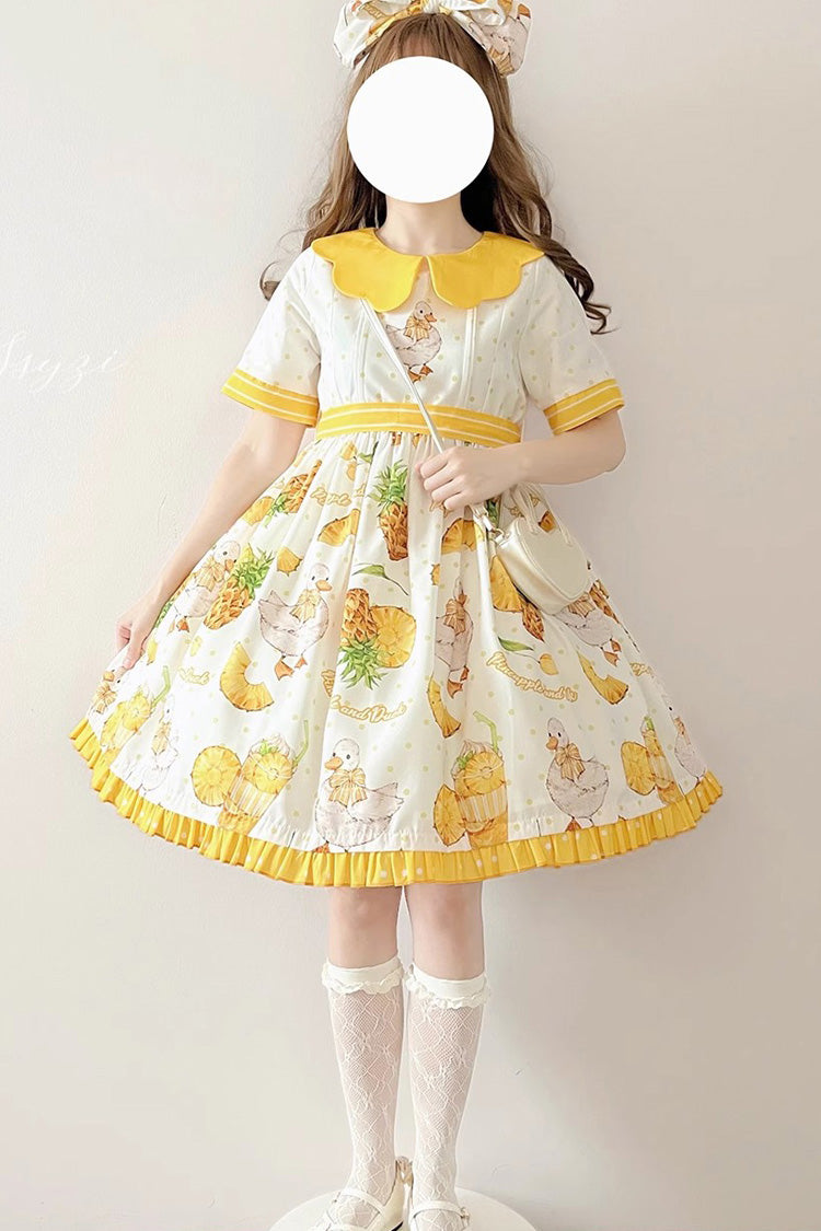White and Yellow Short-Sleeved Duck Print Bow-Trim Sweet Lolita OP Dress