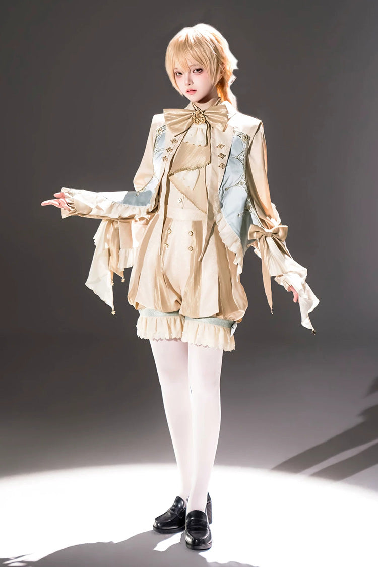 Golden Stand-Collar Long-Sleeve Embroidered Ruffled Bow Ouji Ensemble