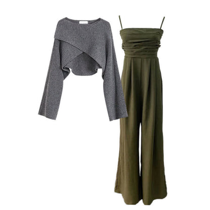 Color Overalls Pure Cross Chic Sweater Set