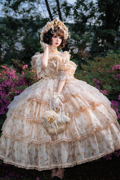 Rose Letter Off Shoulder Triple Layer Print Ruffle Hanayome Princess Lolita in Yellow