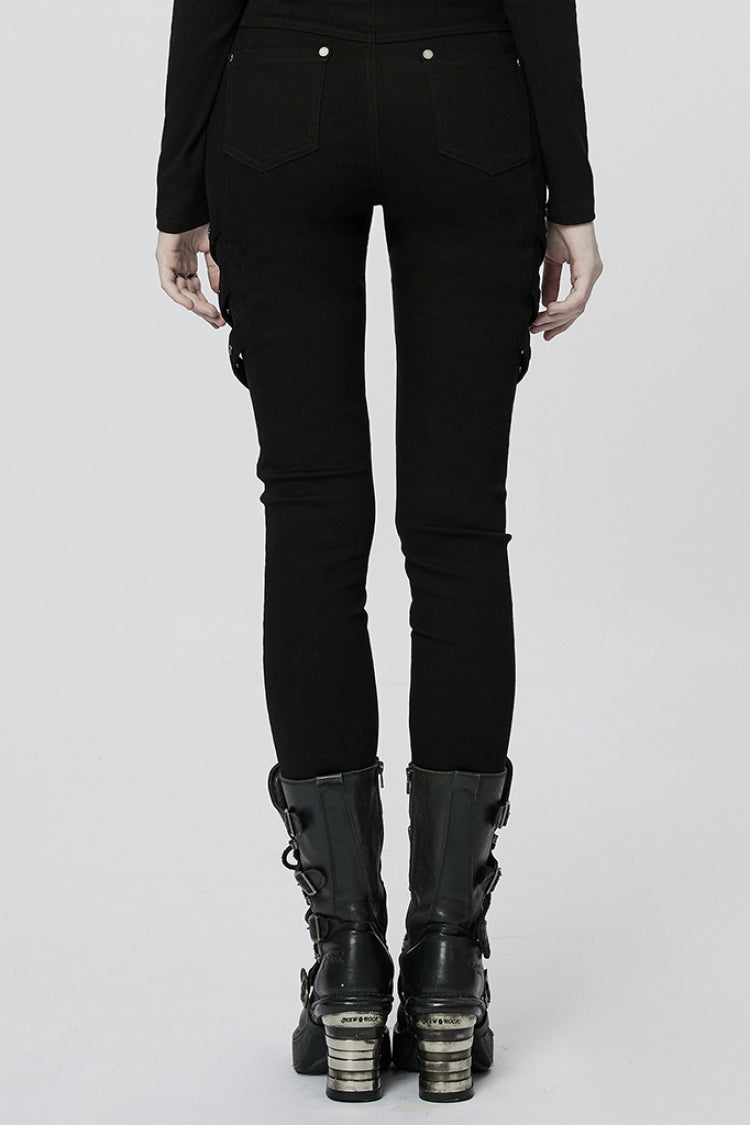 Dark Mesh Buckle-Trimmed Steampunk Pants with Hardware Accents