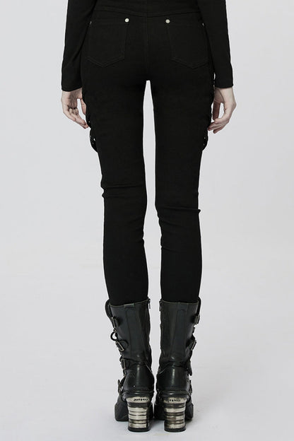 Dark Mesh Buckle-Trimmed Steampunk Pants with Hardware Accents