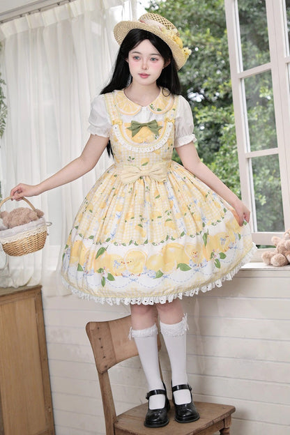 Sunny Lemon Print Ruffled Bow Lace JSK Attire