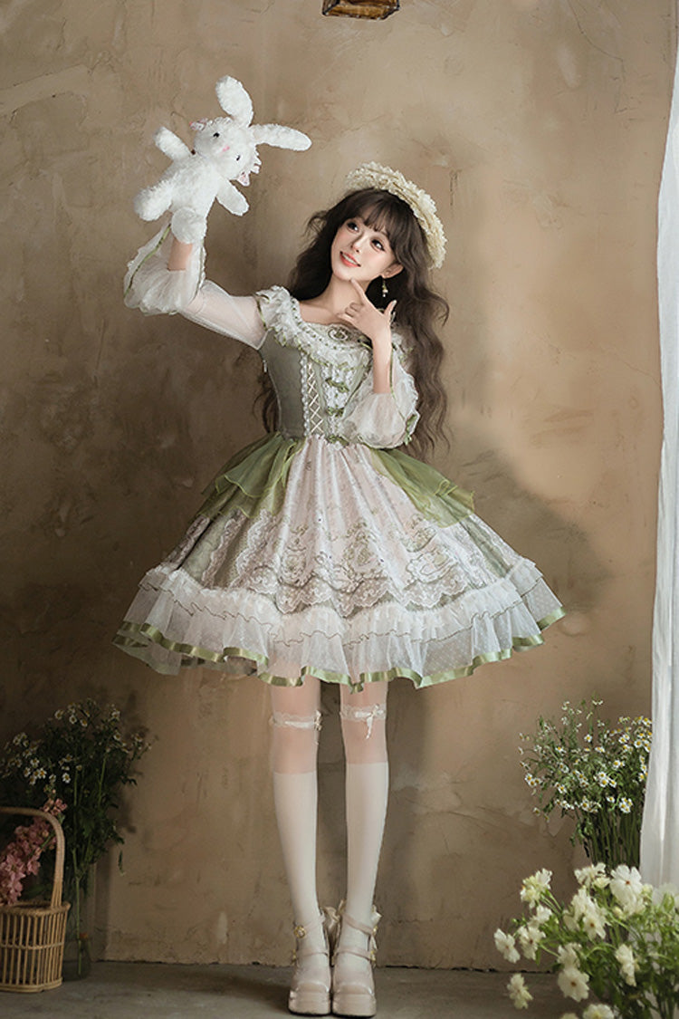 Emerald Lace-Up Bow Lolita OP Dress - Teacup Rabbit