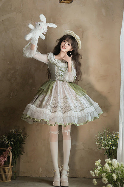 Emerald Lace-Up Bow Lolita OP Dress - Teacup Rabbit