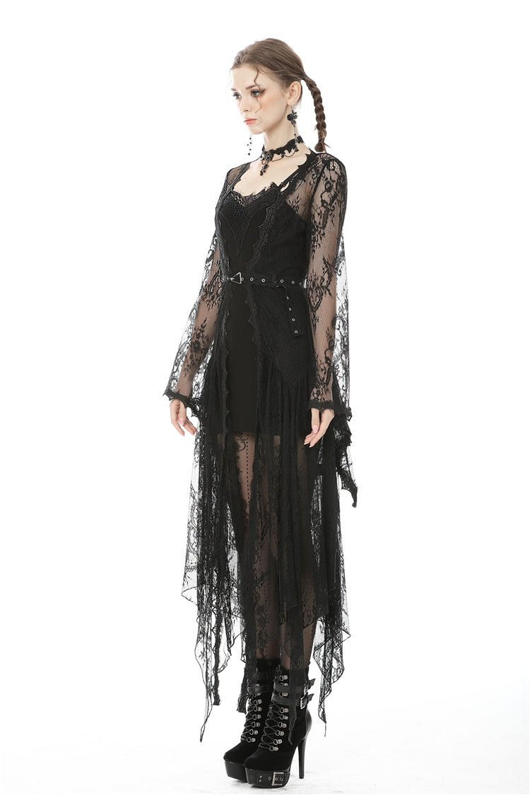 Maxi Cloak with Floral Lace and Belted Waist - Dark