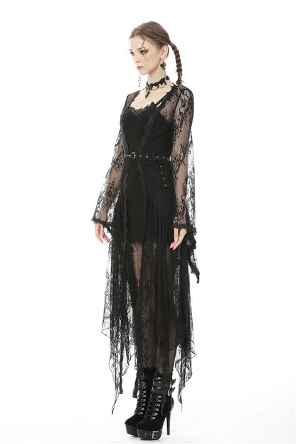 Maxi Cloak with Floral Lace and Belted Waist - Dark