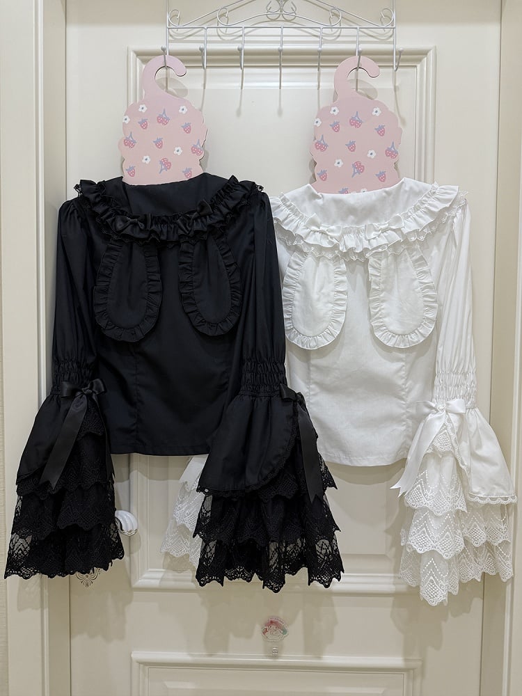 White / Black / Pink Bunny Ears Collar Long Sleeves Shirt
