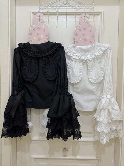 White / Black / Pink Bunny Ears Collar Long Sleeves Shirt
