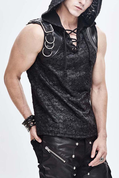 Men's Punk Knit Vest with Hood Tattered Chest Lace-Up Metal Buckle