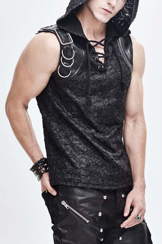 Men's Punk Knit Vest with Hood Tattered Chest Lace-Up Metal Buckle
