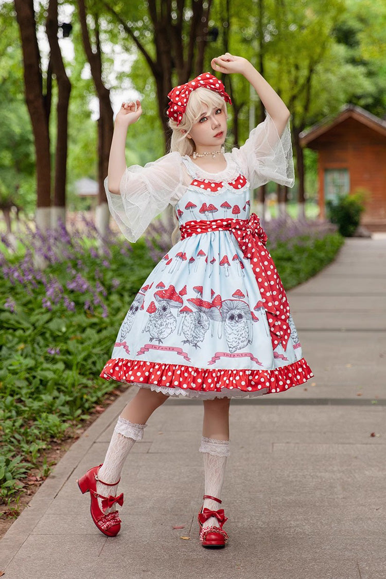 Mushroom-Print Bow-Adorned Ruffled Sweet Lolita Dress in Two Colors