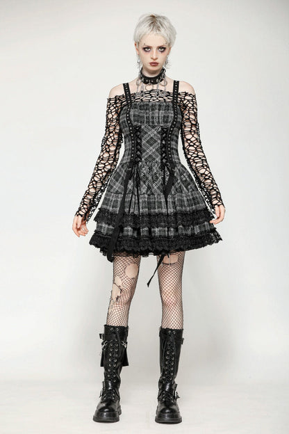 Charcoal Layered Lace Hem Plaid Slip Dress - Punk Party Attire