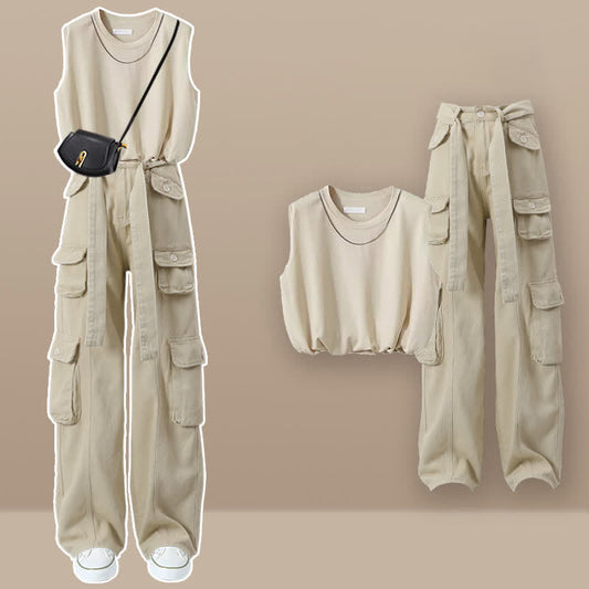 Collar Sleeveless Casual Round Cargo Chain Pants Top Crop