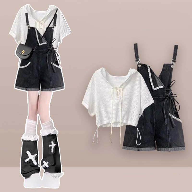 Set Flounce Tie Pieces Shirt Lace-up Overalls Two