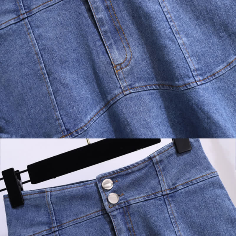 Skirt Stripe High Waist Denim Blue T-Shirt Knitted