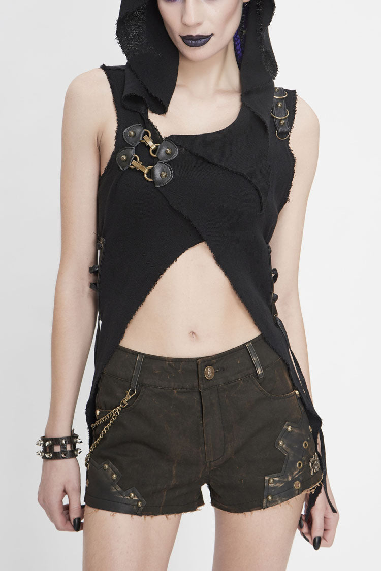 Hooded Asymmetric Gothic Sleeveless Top in Black - NoirEdge