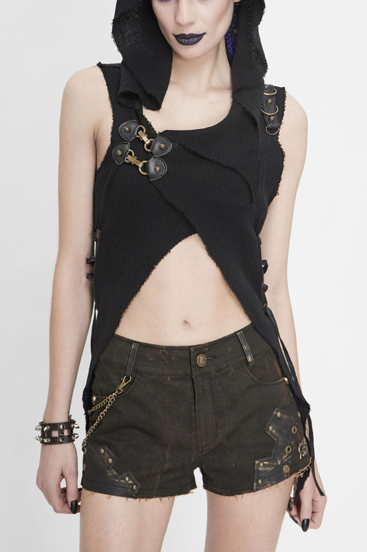 Hooded Asymmetric Gothic Sleeveless Top in Black - NoirEdge