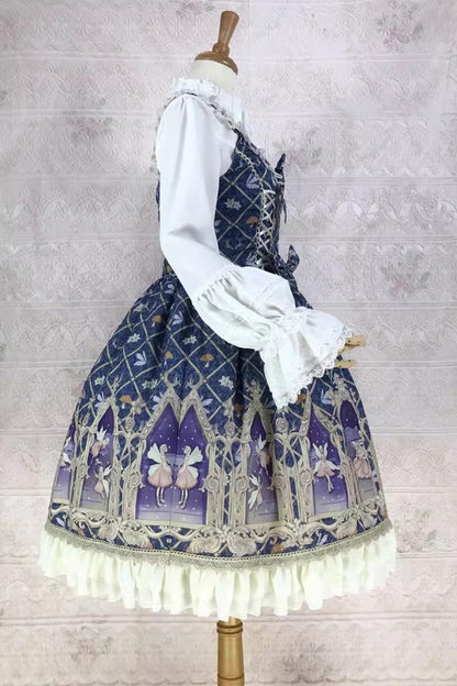 Dream Elf Print Ruffle Bowknot Jsk Dress - Sweet Lolita
