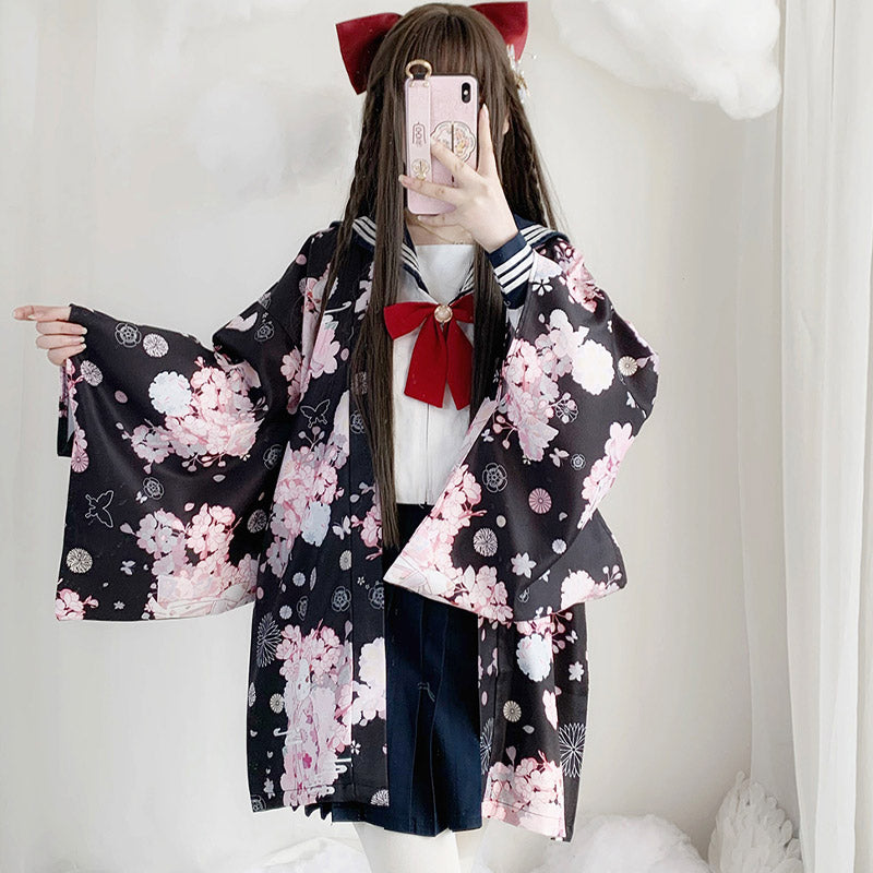 Cat Sakura Print Loose Cardigan Kimono Outerwear