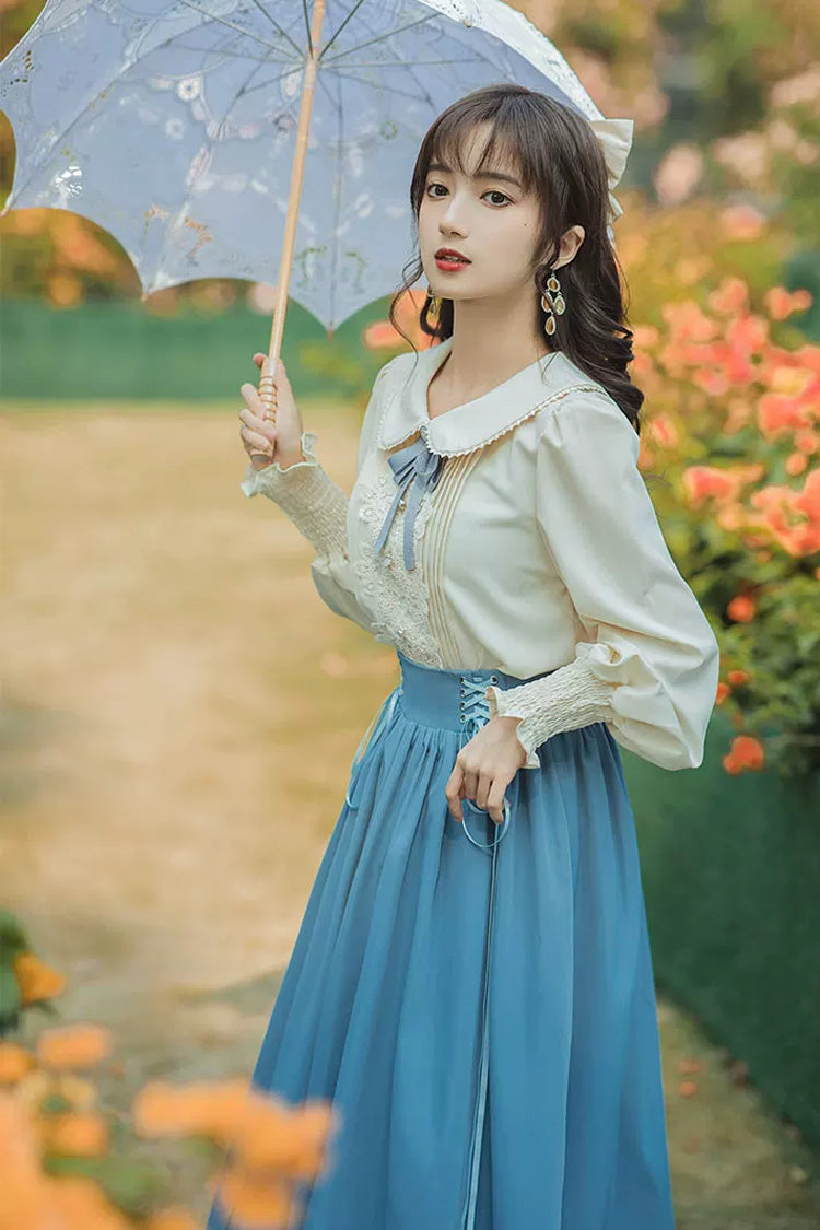Blue Lapel Collar Long Sleeves High Waist Lace-Up Wave Hem Classic Lolita Two-Piece Set