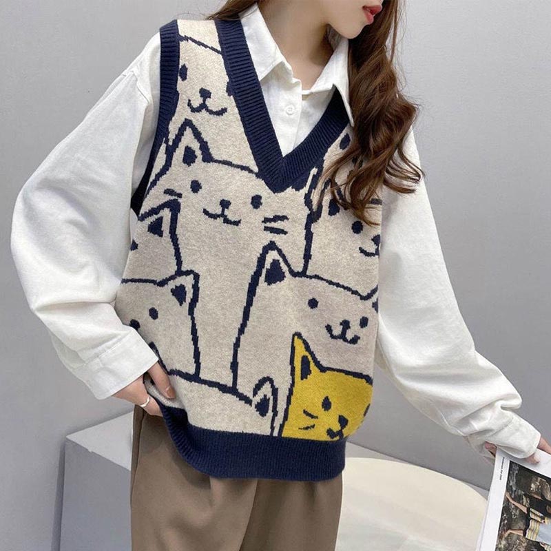 Ensemble gilet et chemise à lacets avec imprimé chat mignon