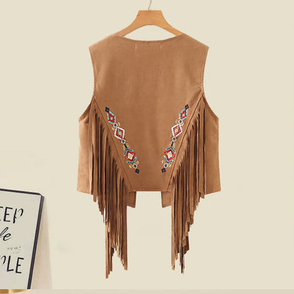 Vest Fringed Shirt Dress Lapel Boho Embroidery Pleated