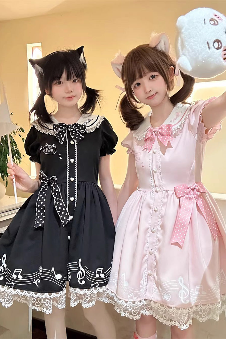 Rose Melody Kitty Doll Collar Short Sleeve Ruffled Embroidered Bow Lace Sweet Lolita Dress