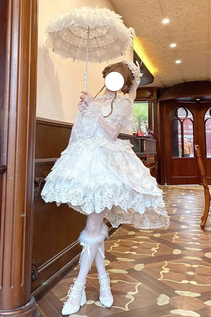 Ivory Peacock Feather Layered Ruffle Hanayome Cardigan Bow Lace Sweet Lolita Jsk Set
