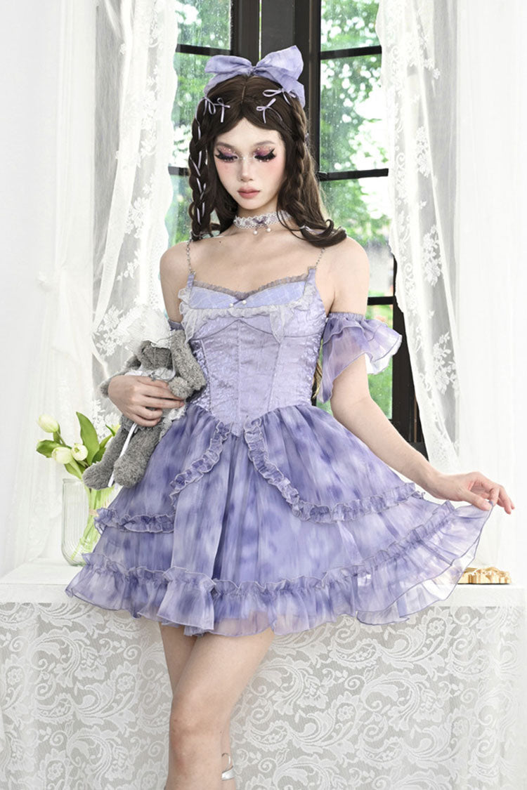 Blue Ruffle Lace Tie-Dye Print Fake Two Piece Sweet Princess JSK Dress