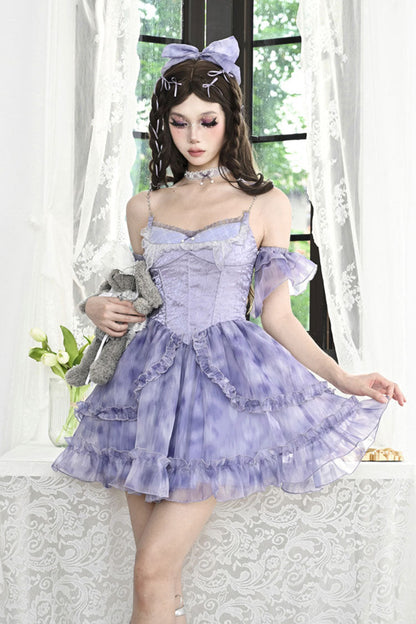 Blue Ruffle Lace Tie-Dye Print Fake Two Piece Sweet Princess JSK Dress