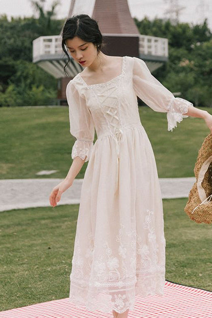 White Sweet Lolita OP Dress with Lace Sleeves and Floral Embroidery