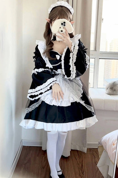 Black White Maid Long Hime Sleeve Ruffle Bow Sweet Plus Size Lolita Dress Full Set