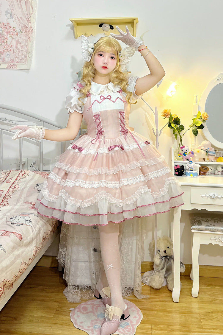 Pink Multi-layer Ruffle Bowknot Lace-Up Ballet Style Sweet Princess Lolita Tiered Dress