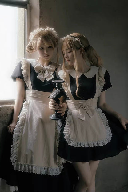 Ruffled Bow Sweet Elegant Maid Dress - Black/White