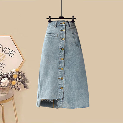 Print Shirt Denim Lattice Fishtail Skirt Set