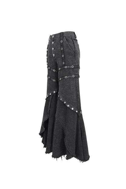 Flared Punk Pants with Ruffled Hem and Eyelet Details