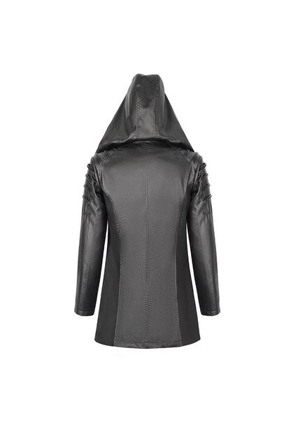 Eyelet Black Asymmetric Gothic Jacket with Hood for Men