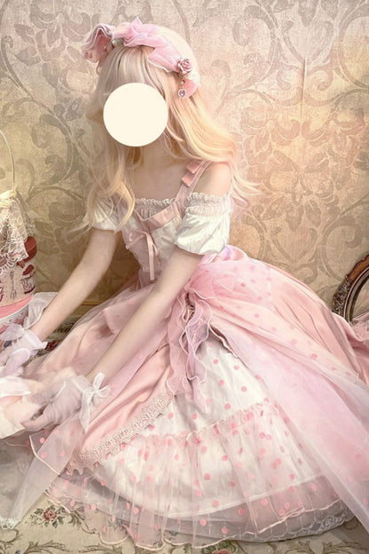 Rose Polka Waltz Sleeveless Pattern Bow Stitching Lace Sweet Lolita JSK Outfit