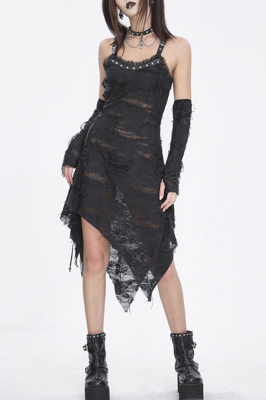 Asymmetric Strap Gothic Slip Dress with Lace Detail - NoirEdge