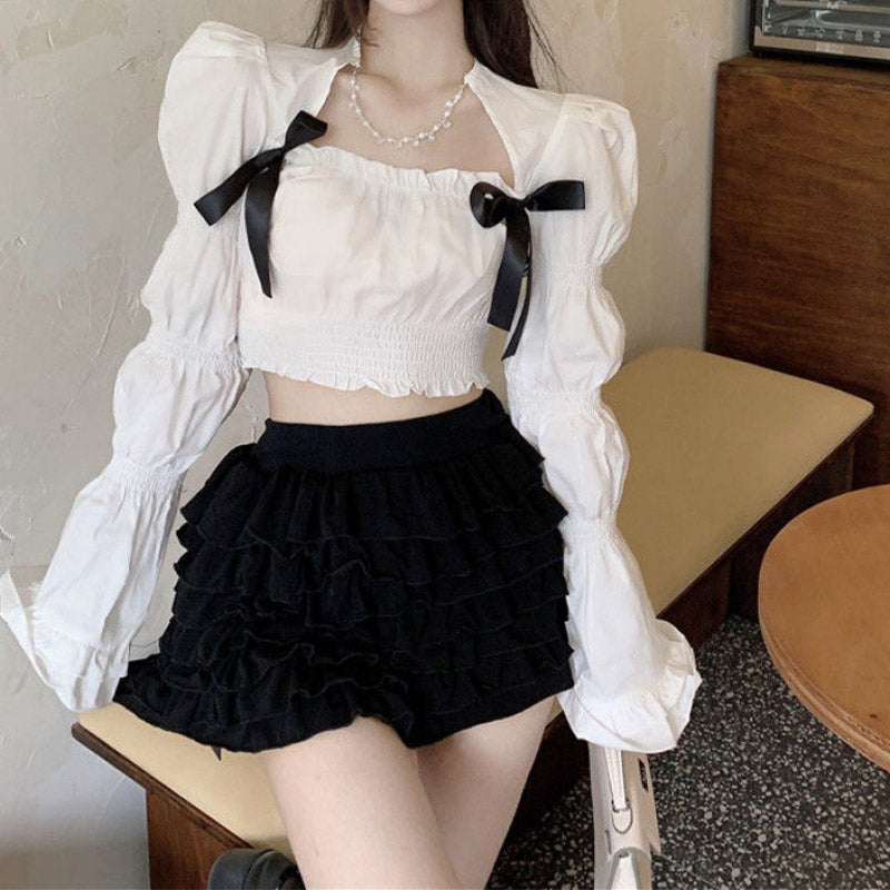 Sweet Square Collar Puff Sleeve Shirt Pleated Suspender Skirt Set