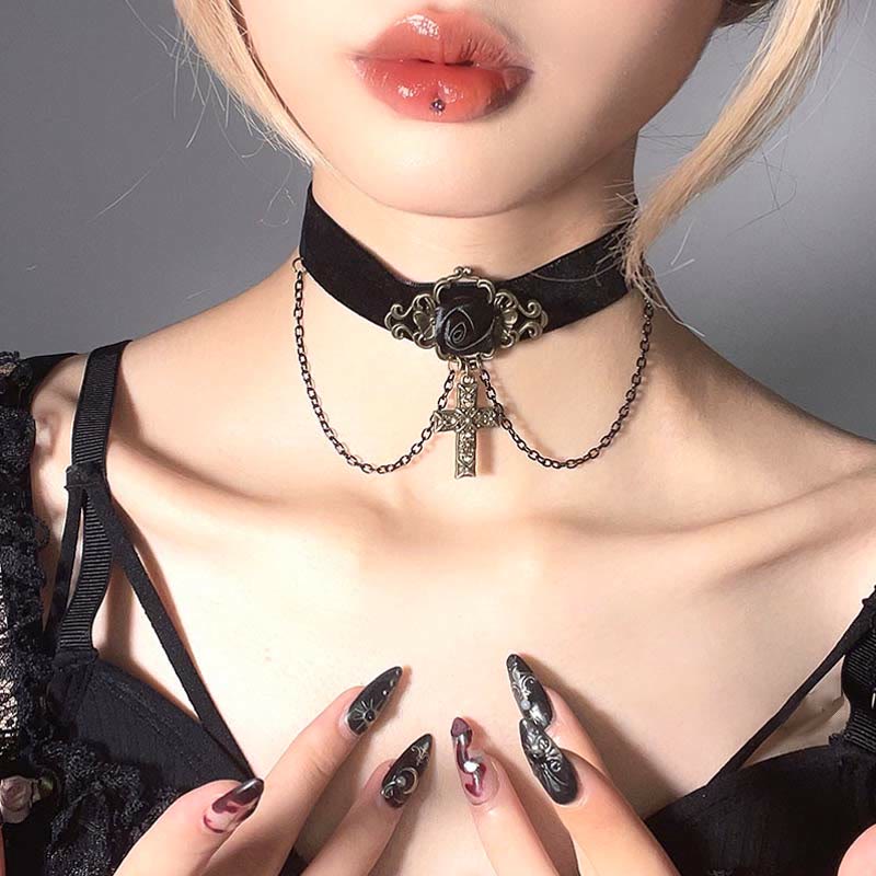 Collier ras du cou gothique punk rétro en dentelle et cristal Lolita