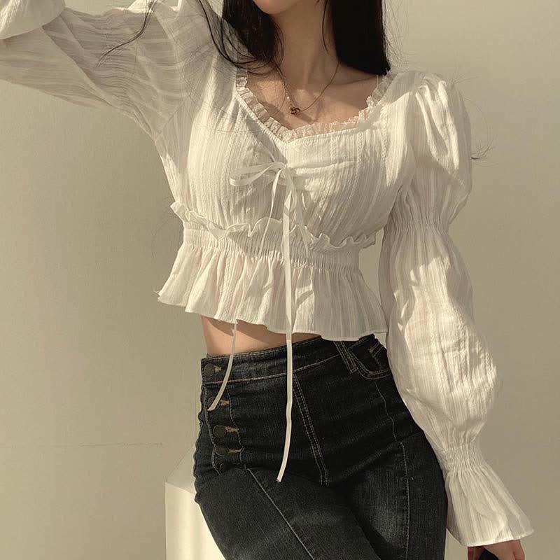 Dress Up Lace Irregular Set Slip Puff Sleeve Shirt Skirt