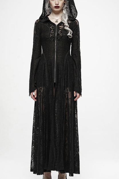 Hooded Goth Dress with Zipper and Lace Accents