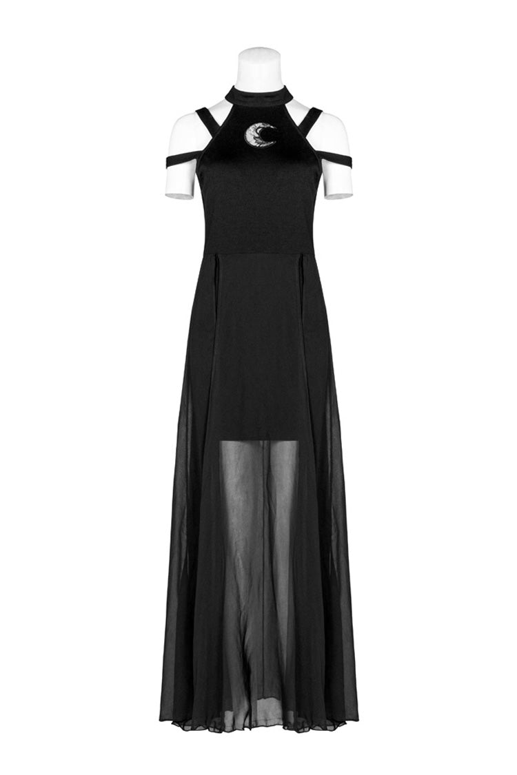 Gothic Dress with Lunar Print and Mesh Stitching