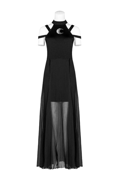 Gothic Dress with Lunar Print and Mesh Stitching
