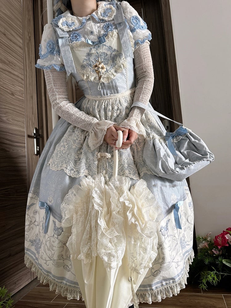 Blue Titmouse and Floral Print Lolita Jumper Skirt