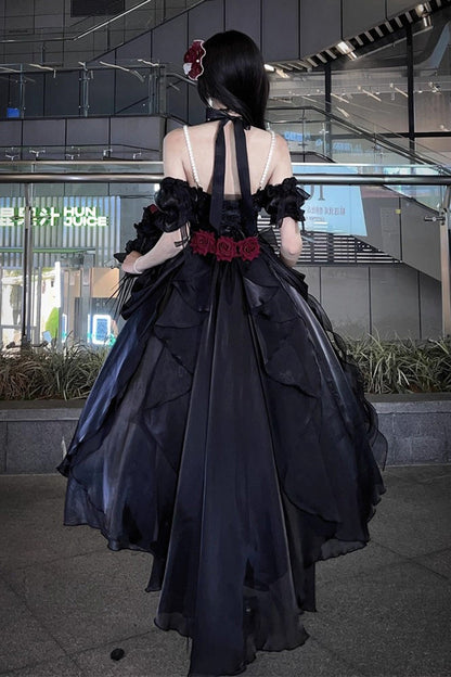 Black Cindy Rose Halterneck Sleeveless Ruffle Bowknot Gothic Elegant Lolita Jsk Dress